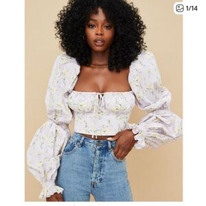 HOUSE OF CB MILLICENT Pink/Purple Floral Printed Cropped Corset Puff Sleeve Top